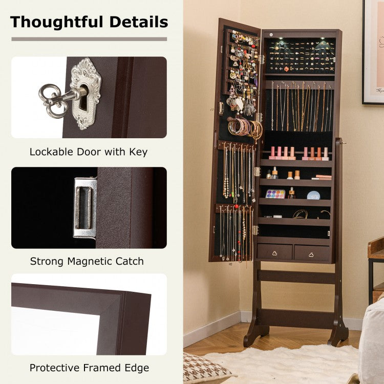 Wooden Standing Jewelry Cabinet with Mirror, LED Lights and Lockable Door