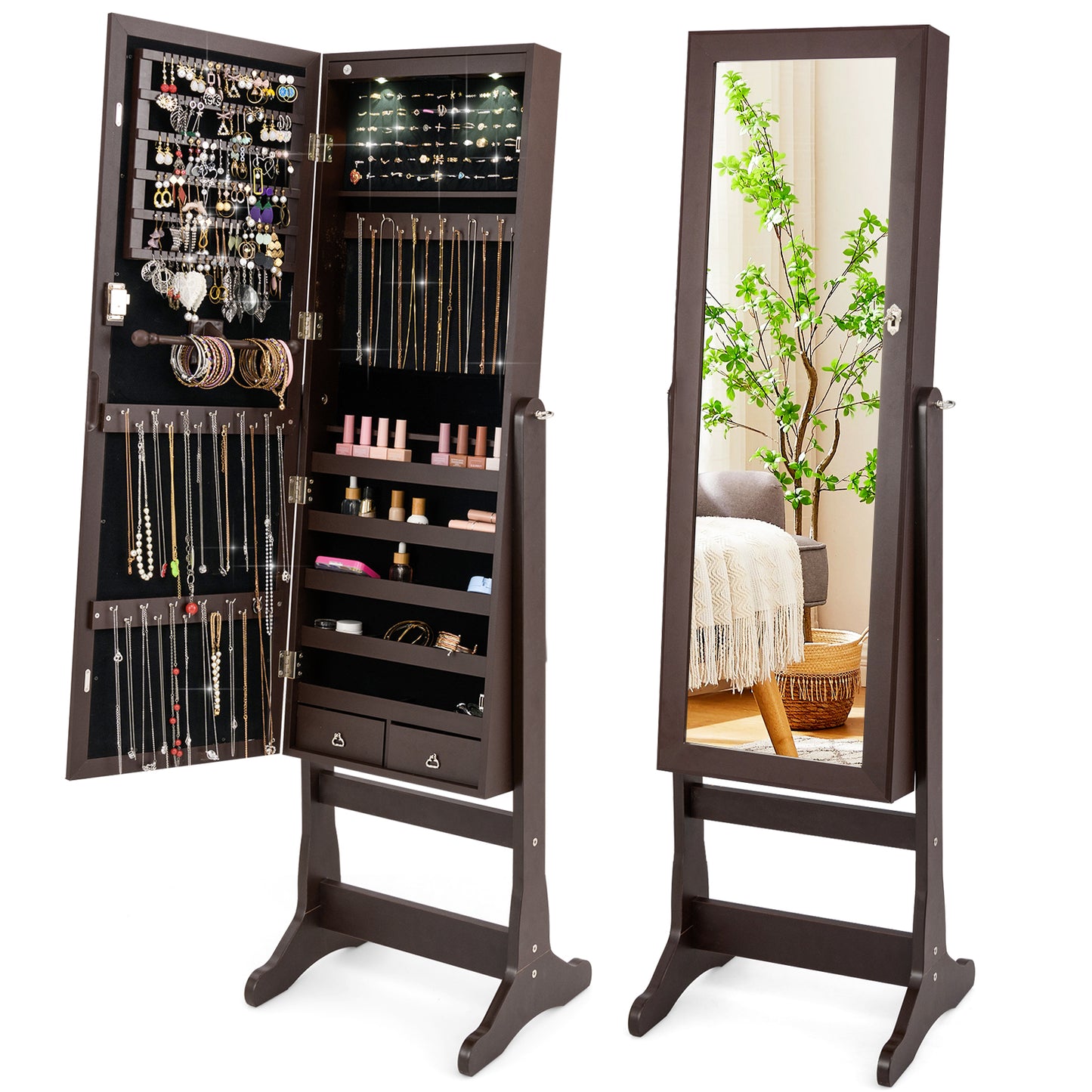 Wooden Standing Jewelry Cabinet with Mirror, LED Lights and Lockable Door