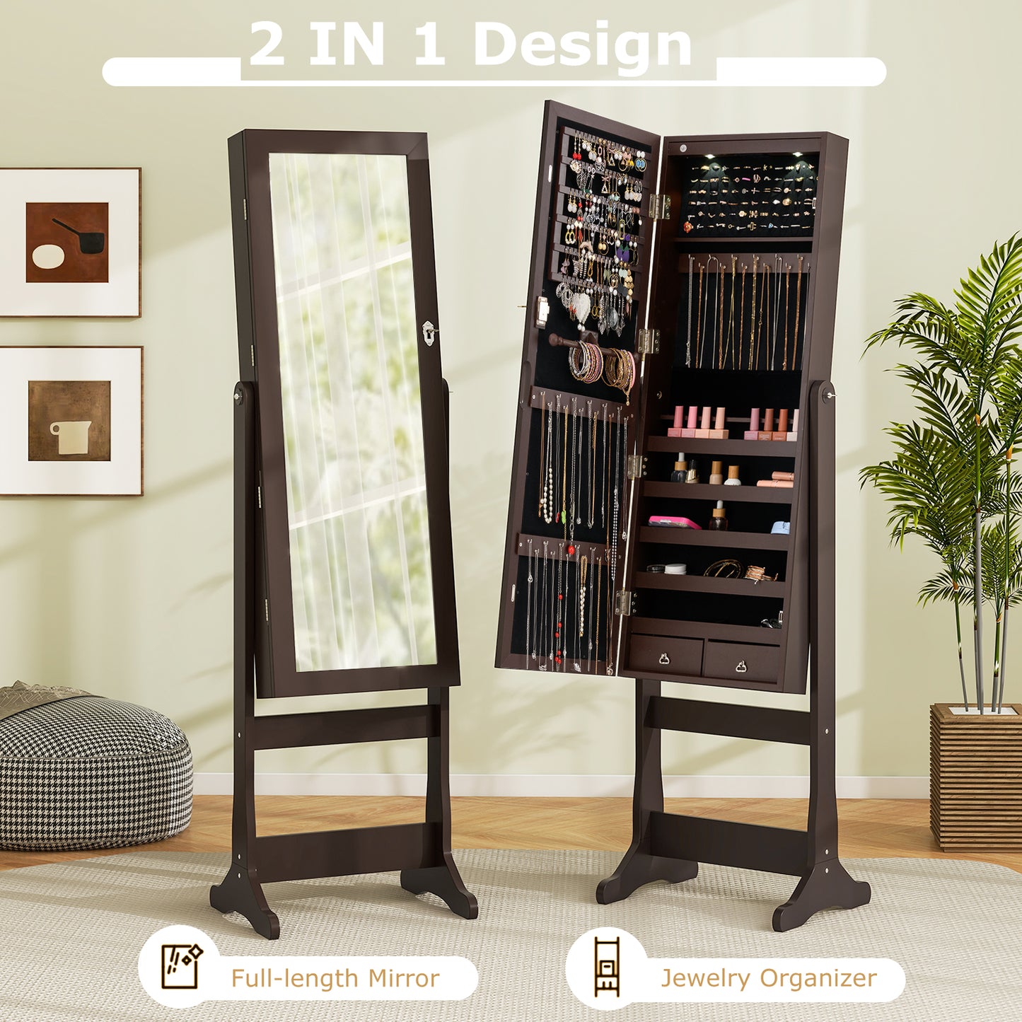 Wooden Standing Jewelry Cabinet with Mirror, LED Lights and Lockable Door