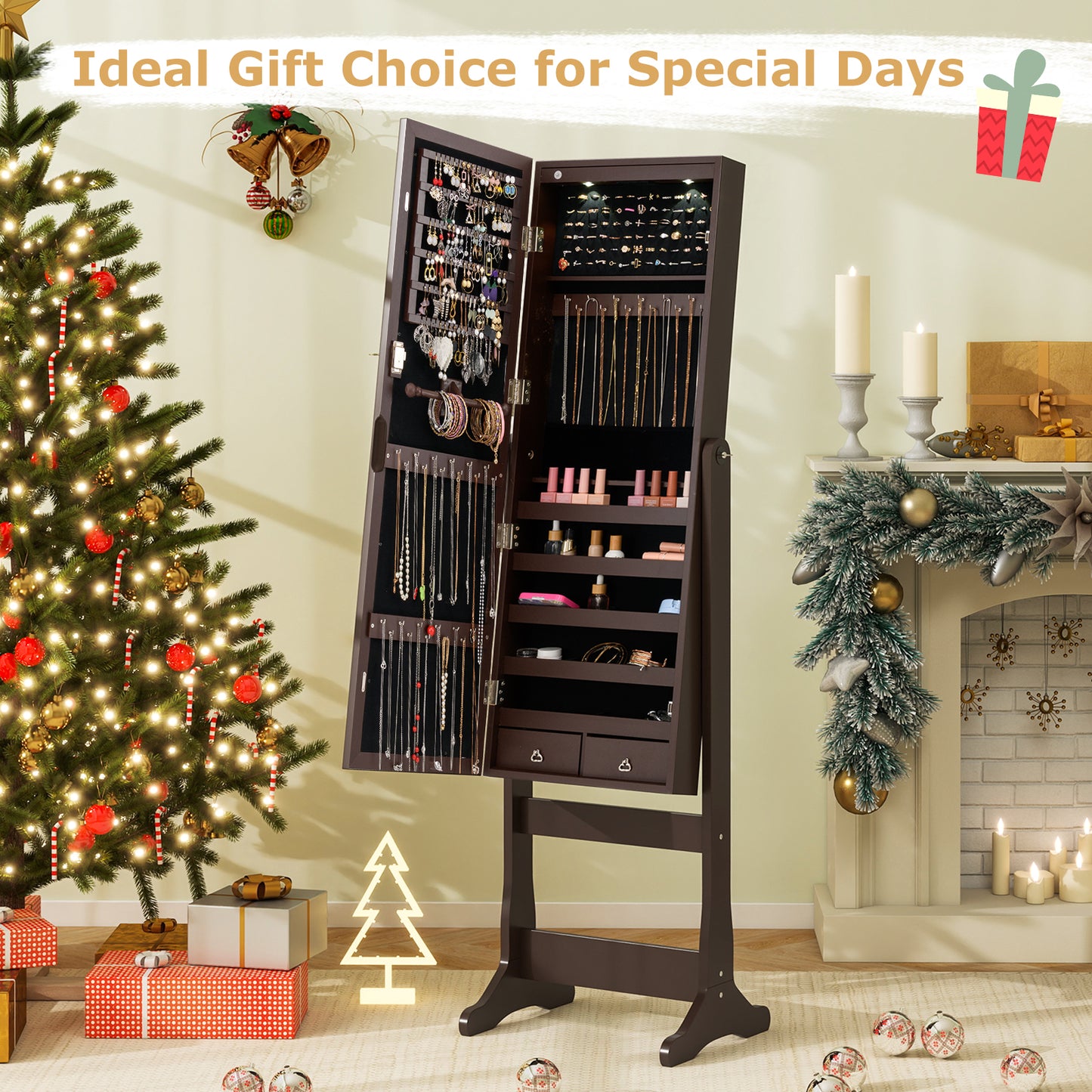 Wooden Standing Jewelry Cabinet with Mirror, LED Lights and Lockable Door