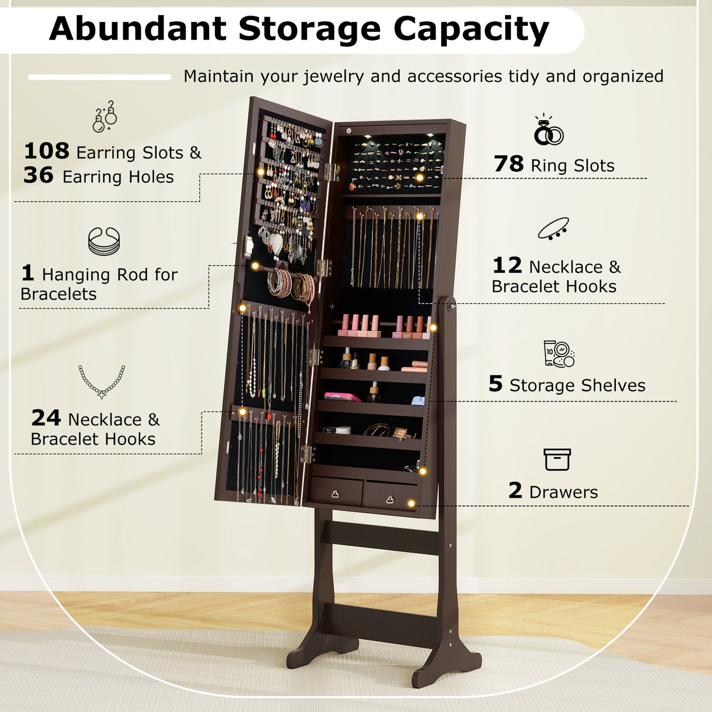 Wooden Standing Jewelry Cabinet with Mirror, LED Lights and Lockable Door