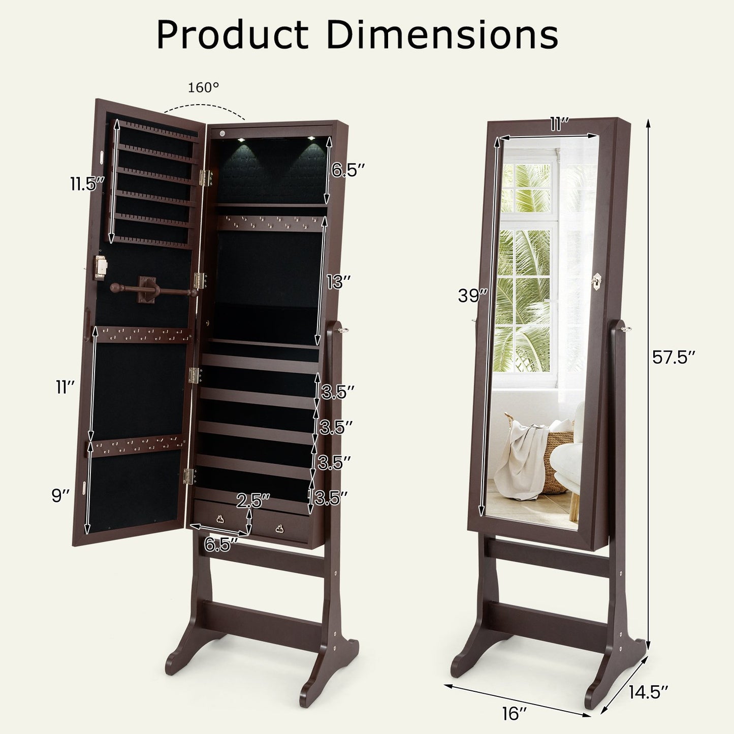 Wooden Standing Jewelry Cabinet with Mirror, LED Lights and Lockable Door