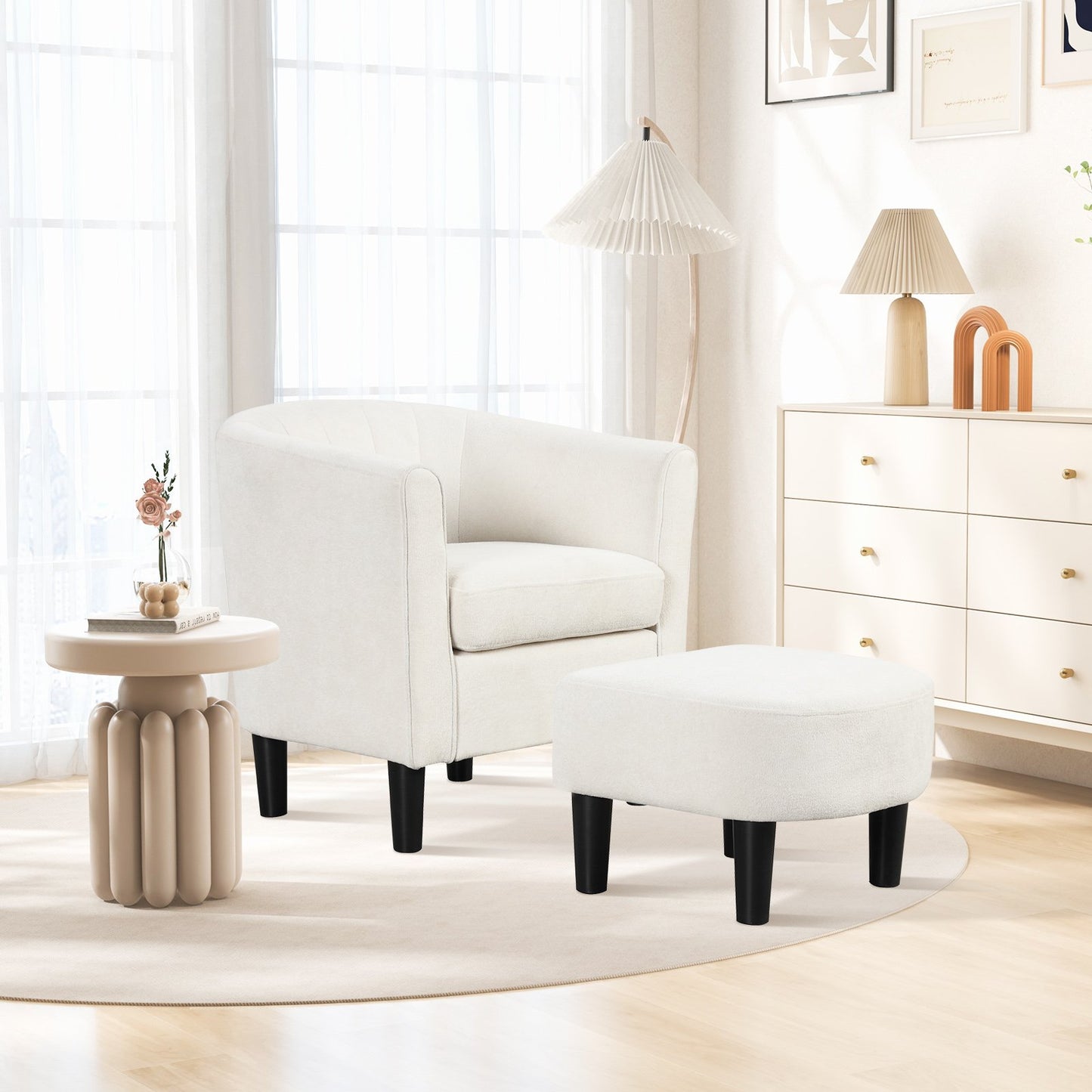 Comfortable Teddy Velvet Club Chair with Ottoman and Supportive Curved Backrest