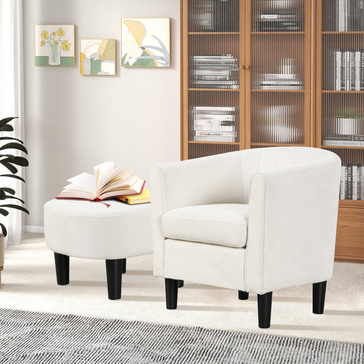 Comfortable Teddy Velvet Club Chair with Ottoman and Supportive Curved Backrest