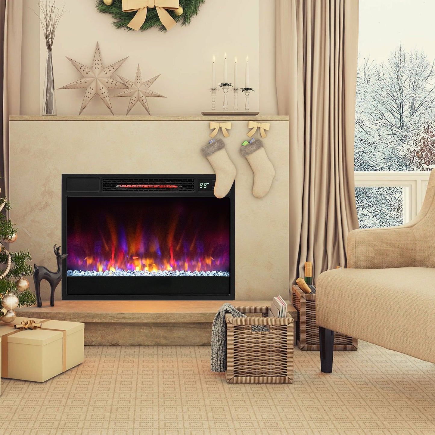 23 Inch 1500W Electric Fireplace Insert with Adjustable LED Flames & Remote Control