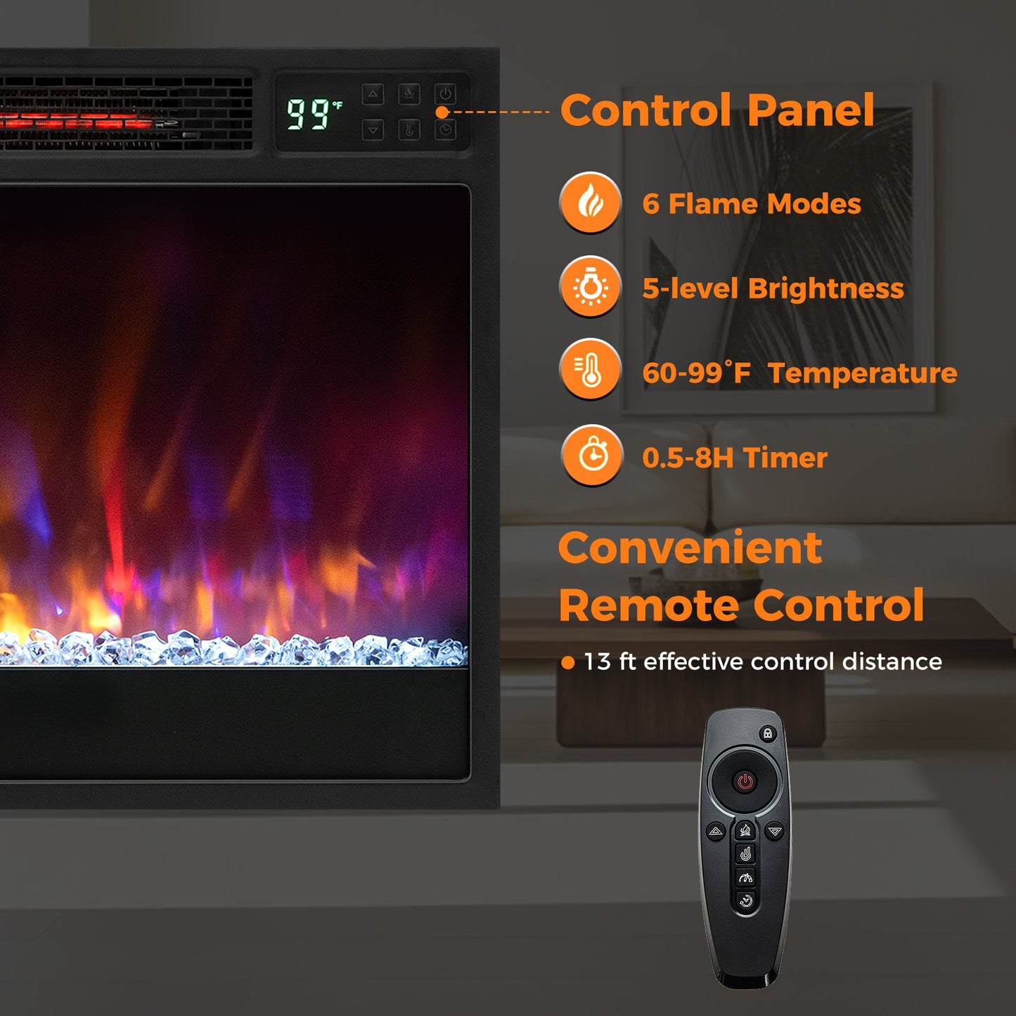 23 Inch 1500W Electric Fireplace Insert with Adjustable LED Flames & Remote Control