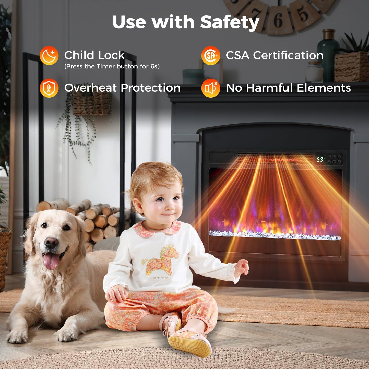 23 Inch 1500W Electric Fireplace Insert with Adjustable LED Flames & Remote Control