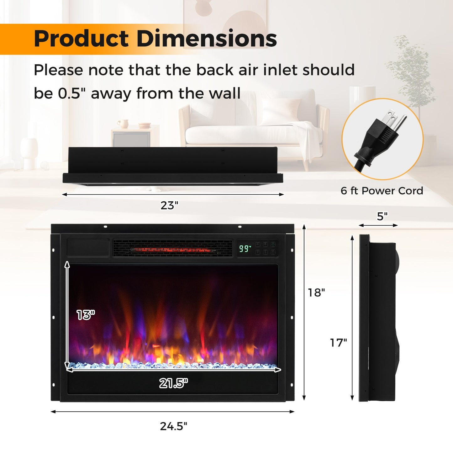 23 Inch 1500W Electric Fireplace Insert with Adjustable LED Flames & Remote Control
