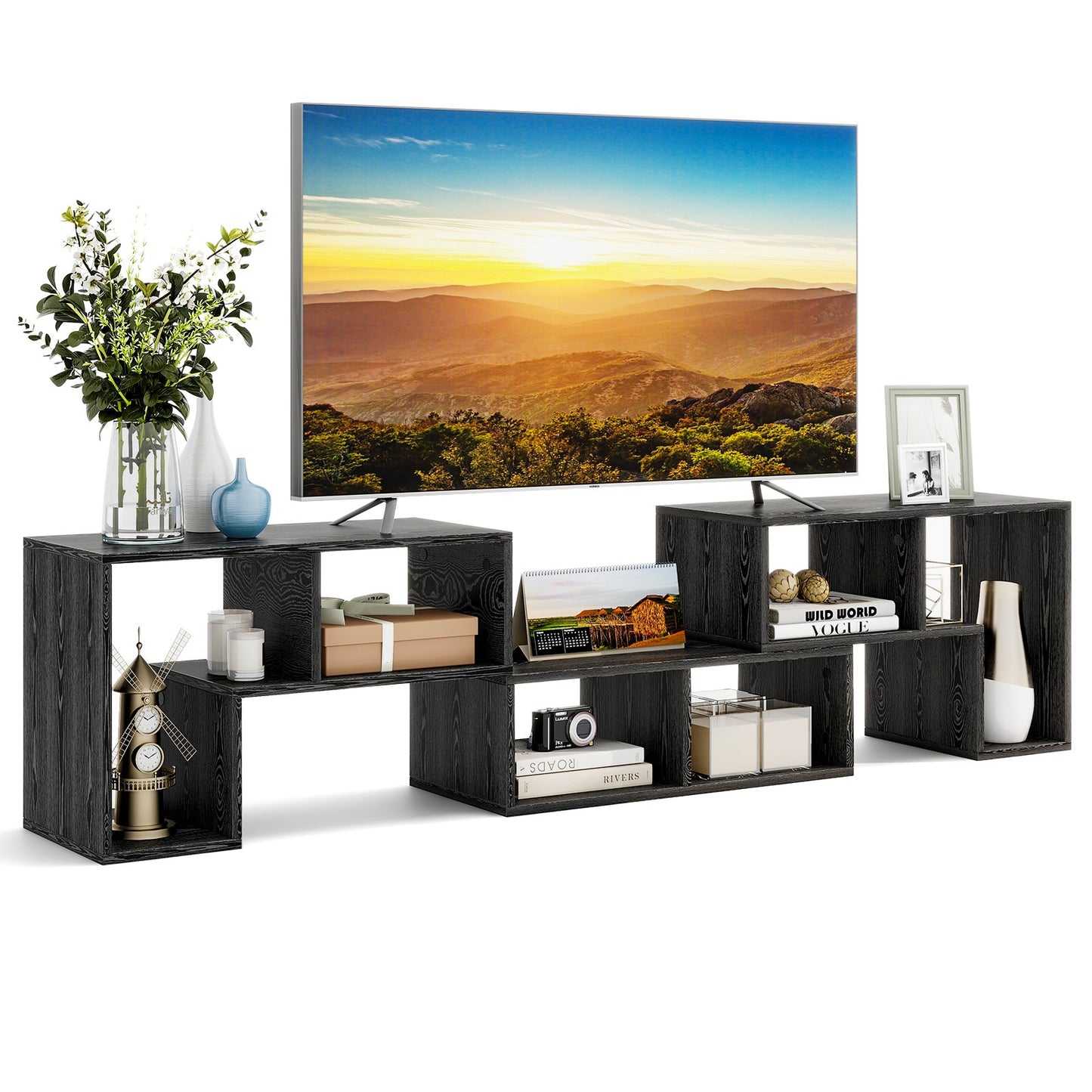 Adjustable 3-Piece TV Console with Shelves for TVs up to 65 Inch in Black Wood Grain Finish