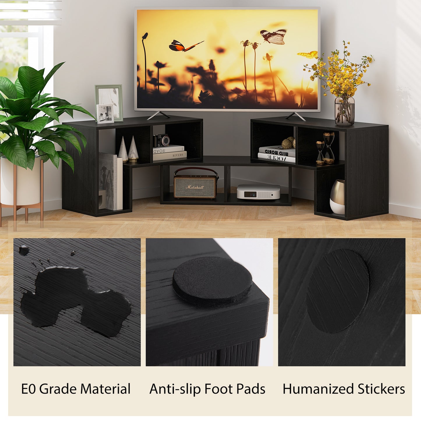 Adjustable 3-Piece TV Console with Shelves for TVs up to 65 Inch in Black Wood Grain Finish