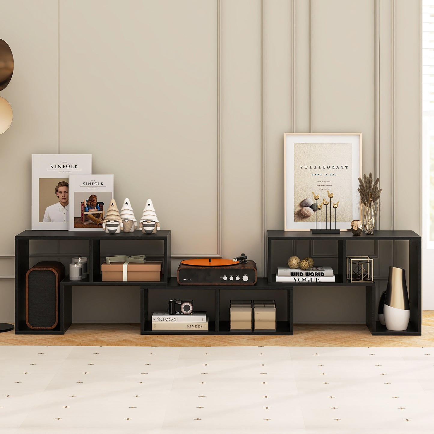 Adjustable 3-Piece TV Console with Shelves for TVs up to 65 Inch in Black Wood Grain Finish