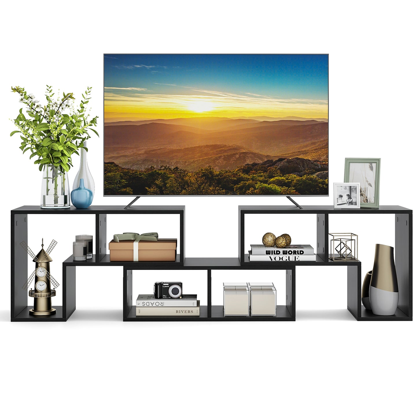 Adjustable 3-Piece TV Console with Shelves for TVs up to 65 Inch in Black Wood Grain Finish