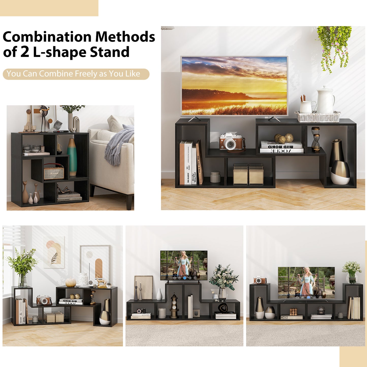 Adjustable 3-Piece TV Console with Shelves for TVs up to 65 Inch in Black Wood Grain Finish
