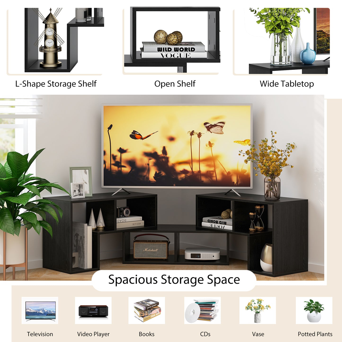 Adjustable 3-Piece TV Console with Shelves for TVs up to 65 Inch in Black Wood Grain Finish