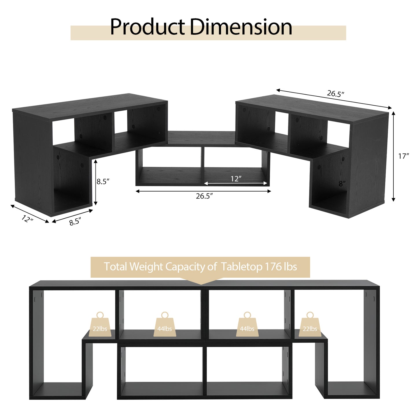 Adjustable 3-Piece TV Console with Shelves for TVs up to 65 Inch in Black Wood Grain Finish