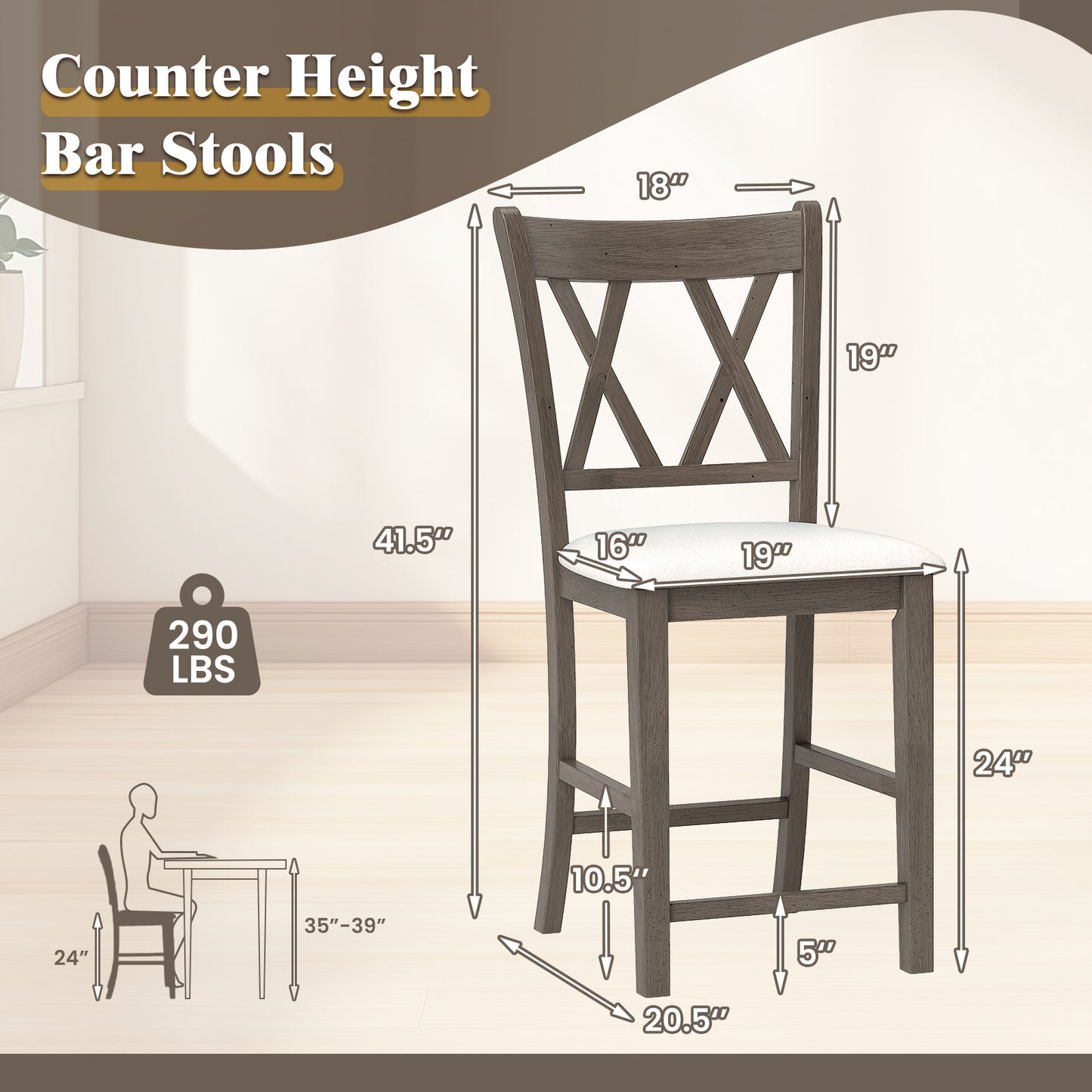 2-Piece Bar Stool Set with Cross Backrest and Linen Upholstered Cushioned Seats