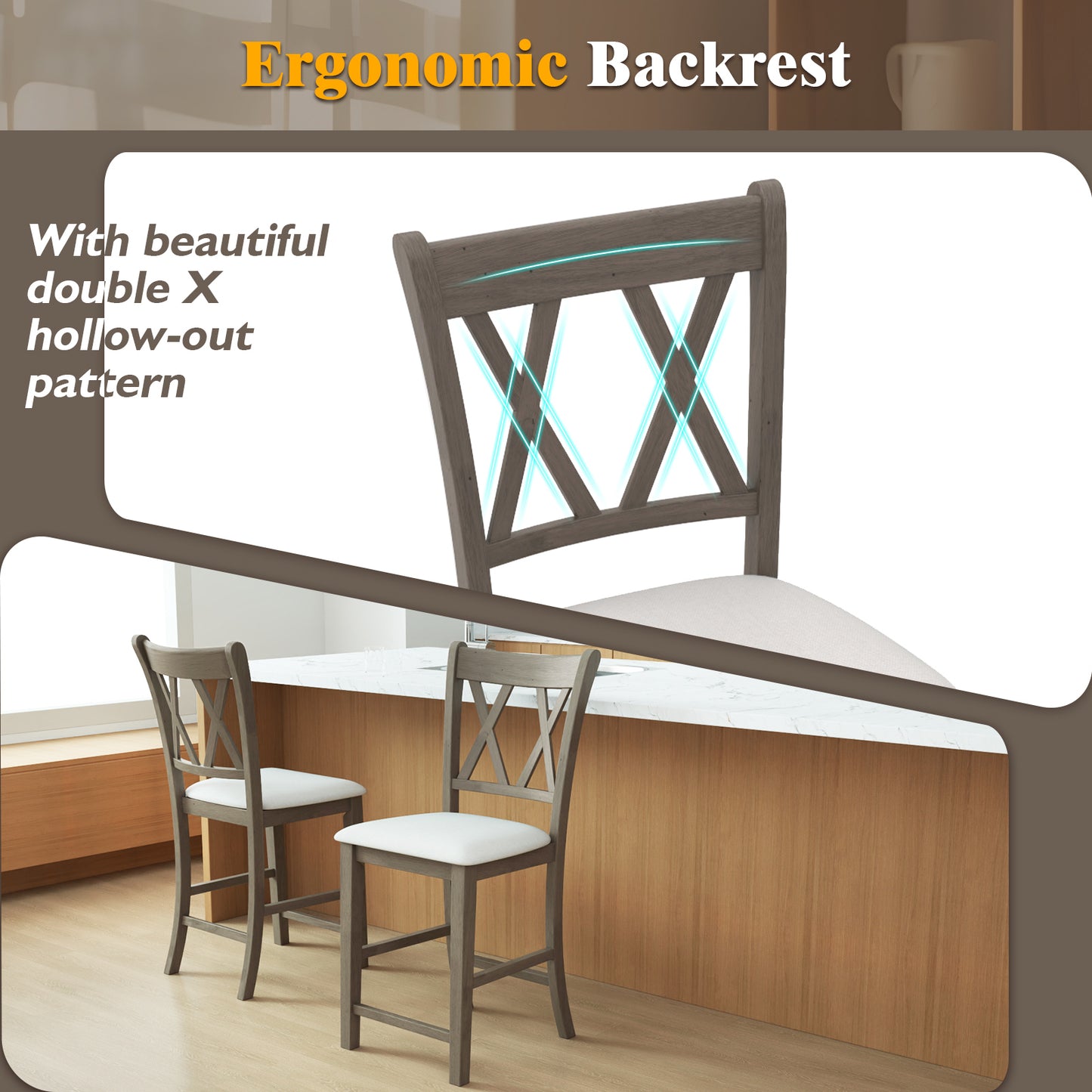 2-Piece Bar Stool Set with Cross Backrest and Linen Upholstered Cushioned Seats