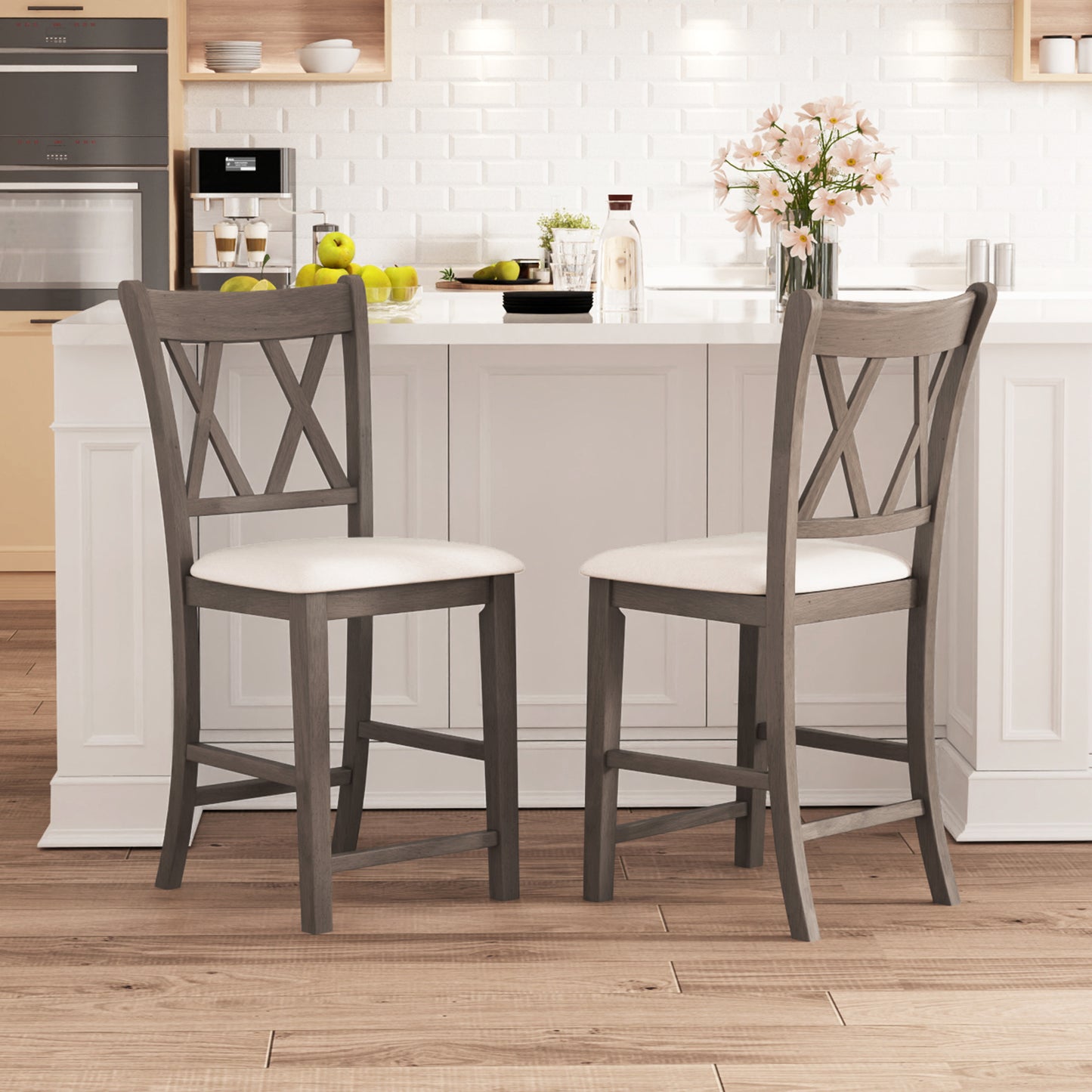 2-Piece Bar Stool Set with Cross Backrest and Linen Upholstered Cushioned Seats