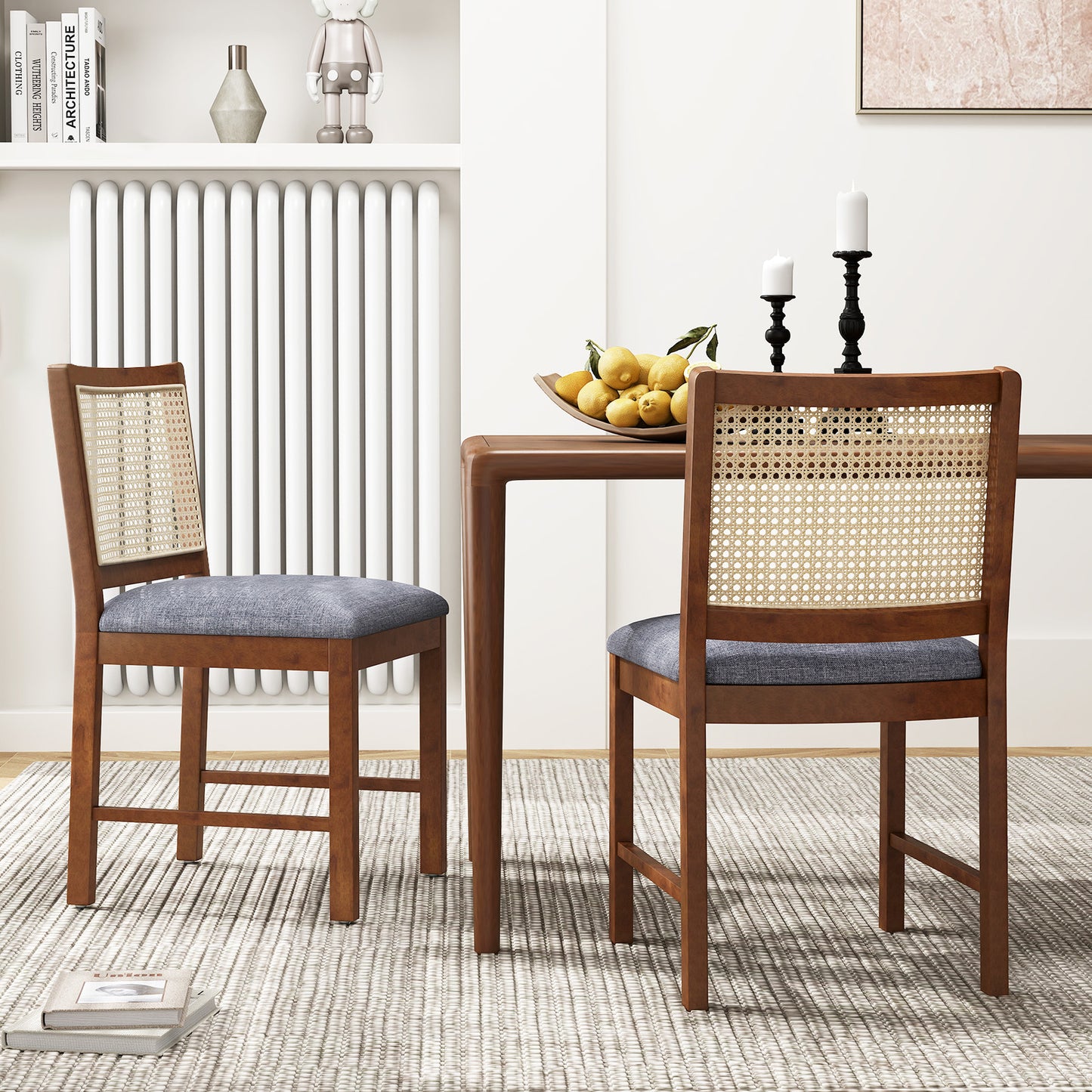 Elegant Rattan Dining Chairs with Rubber Wood Frame and Linen Upholstered Cushions Set of 2