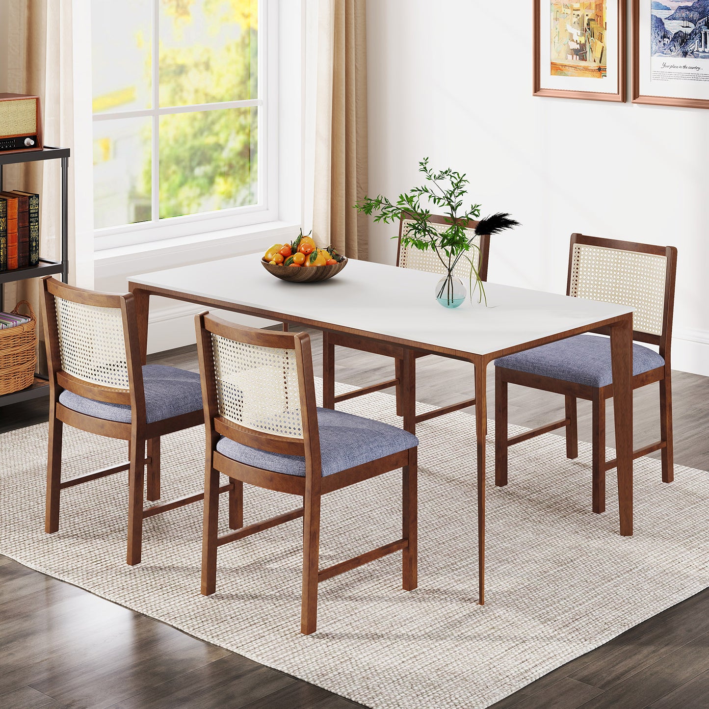Elegant Rattan Dining Chairs with Rubber Wood Frame and Linen Upholstered Cushions Set of 2
