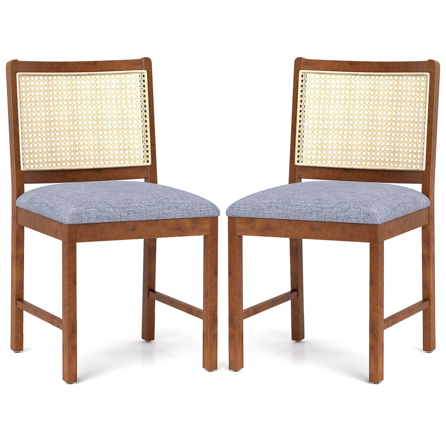 Elegant Rattan Dining Chairs with Rubber Wood Frame and Linen Upholstered Cushions Set of 2