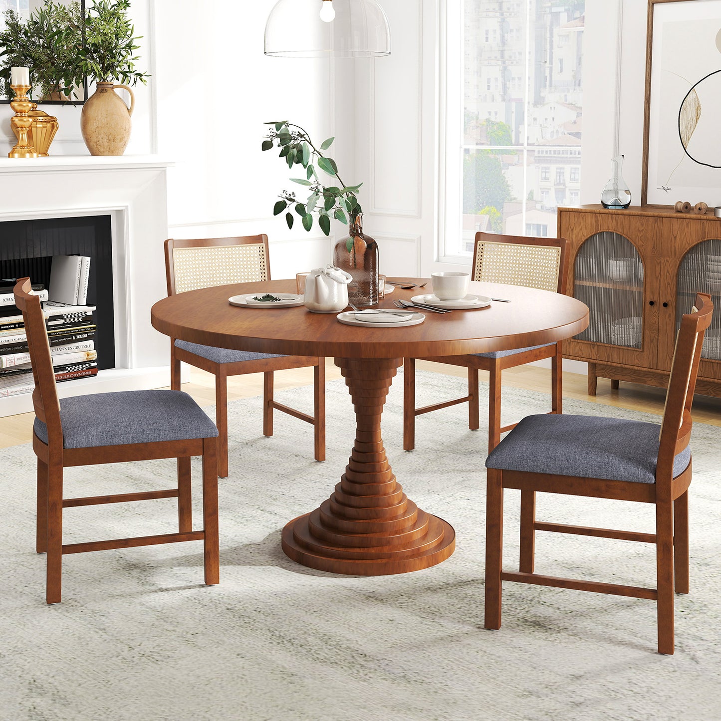 Elegant Rattan Dining Chairs with Rubber Wood Frame and Linen Upholstered Cushions Set of 2