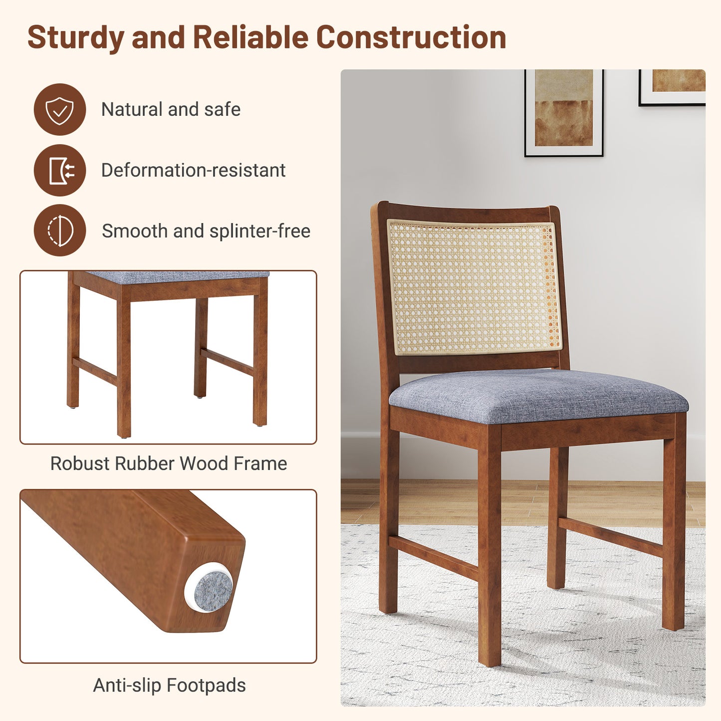 Elegant Rattan Dining Chairs with Rubber Wood Frame and Linen Upholstered Cushions Set of 2