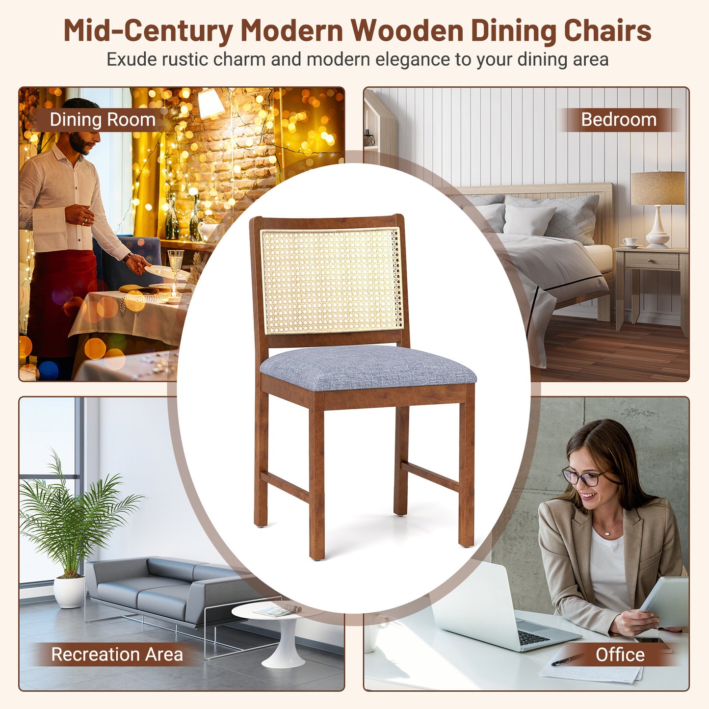Elegant Rattan Dining Chairs with Rubber Wood Frame and Linen Upholstered Cushions Set of 2
