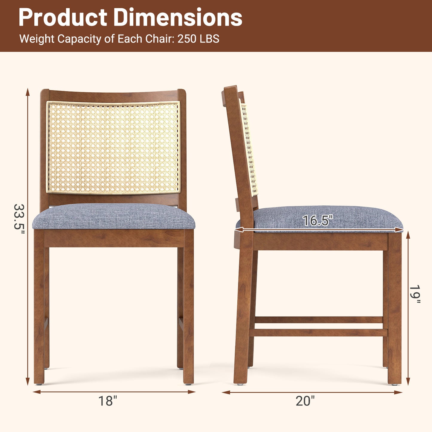 Elegant Rattan Dining Chairs with Rubber Wood Frame and Linen Upholstered Cushions Set of 2