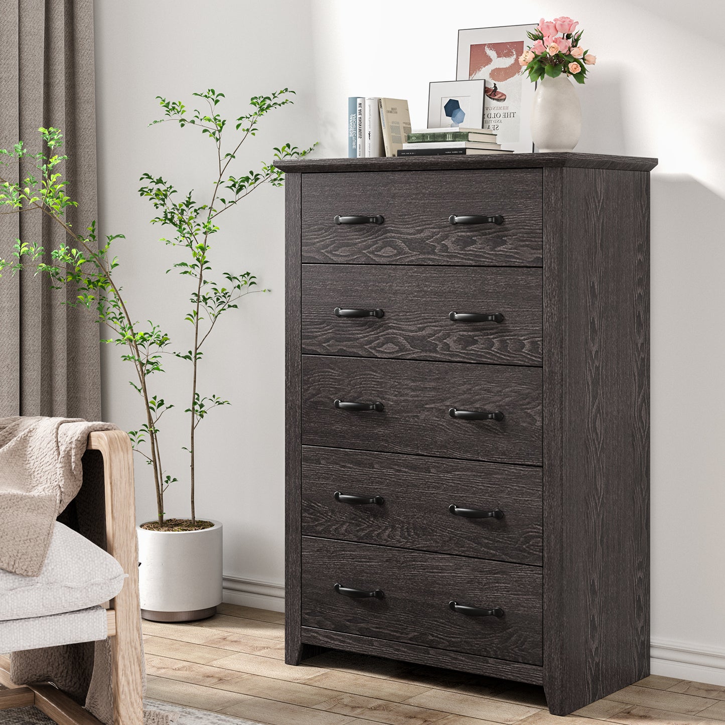 Tall 5-Drawer Dresser with Wood Top, Farmhouse Storage Cabinet for Bedroom or Living Room – Dark Grey