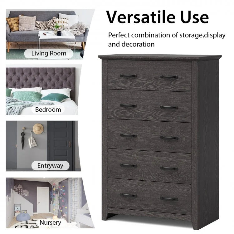 Tall 5-Drawer Dresser with Wood Top, Farmhouse Storage Cabinet for Bedroom or Living Room – Dark Grey
