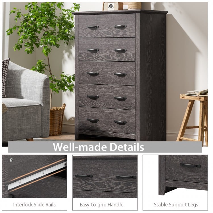 Tall 5-Drawer Dresser with Wood Top, Farmhouse Storage Cabinet for Bedroom or Living Room – Dark Grey