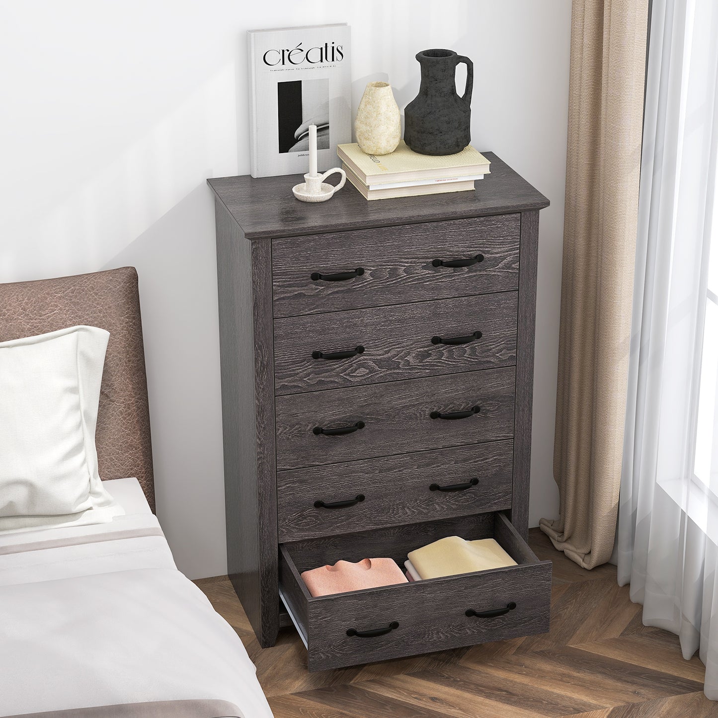 Tall 5-Drawer Dresser with Wood Top, Farmhouse Storage Cabinet for Bedroom or Living Room – Dark Grey