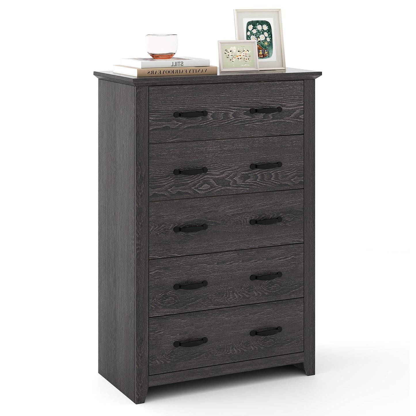Tall 5-Drawer Dresser with Wood Top, Farmhouse Storage Cabinet for Bedroom or Living Room – Dark Grey