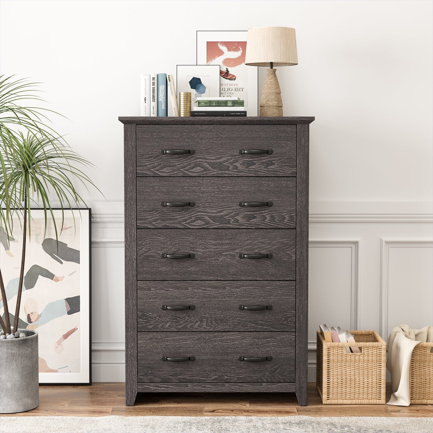 Tall 5-Drawer Dresser with Wood Top, Farmhouse Storage Cabinet for Bedroom or Living Room – Dark Grey
