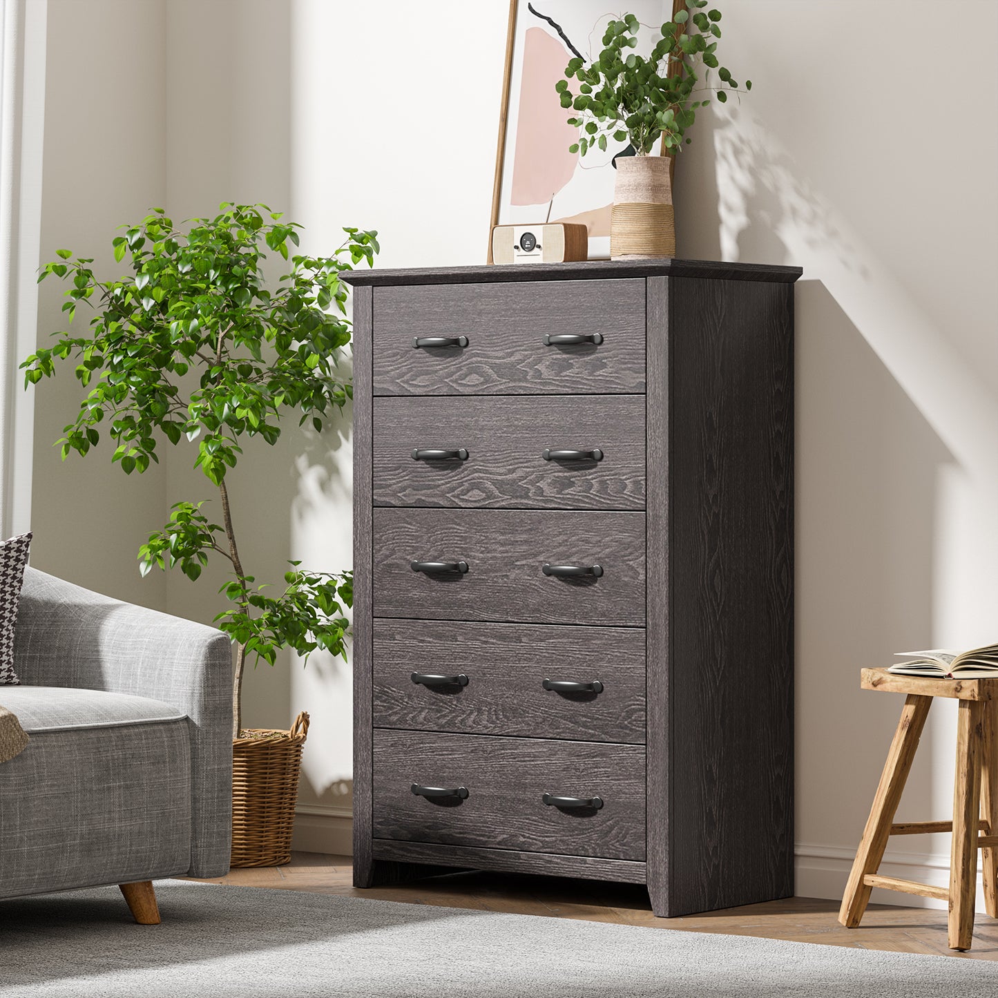 Tall 5-Drawer Dresser with Wood Top, Farmhouse Storage Cabinet for Bedroom or Living Room – Dark Grey