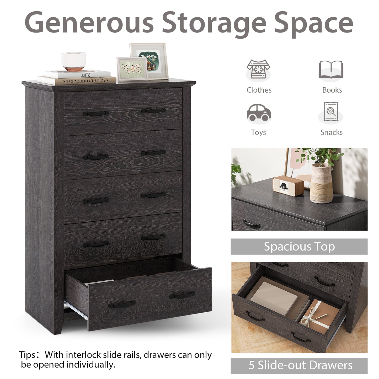 Tall 5-Drawer Dresser with Wood Top, Farmhouse Storage Cabinet for Bedroom or Living Room – Dark Grey