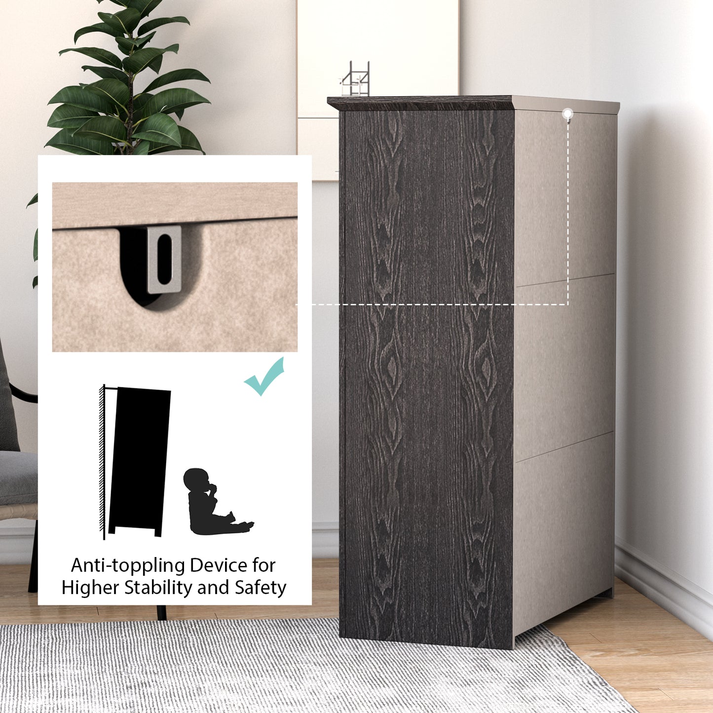 Tall 5-Drawer Dresser with Wood Top, Farmhouse Storage Cabinet for Bedroom or Living Room – Dark Grey