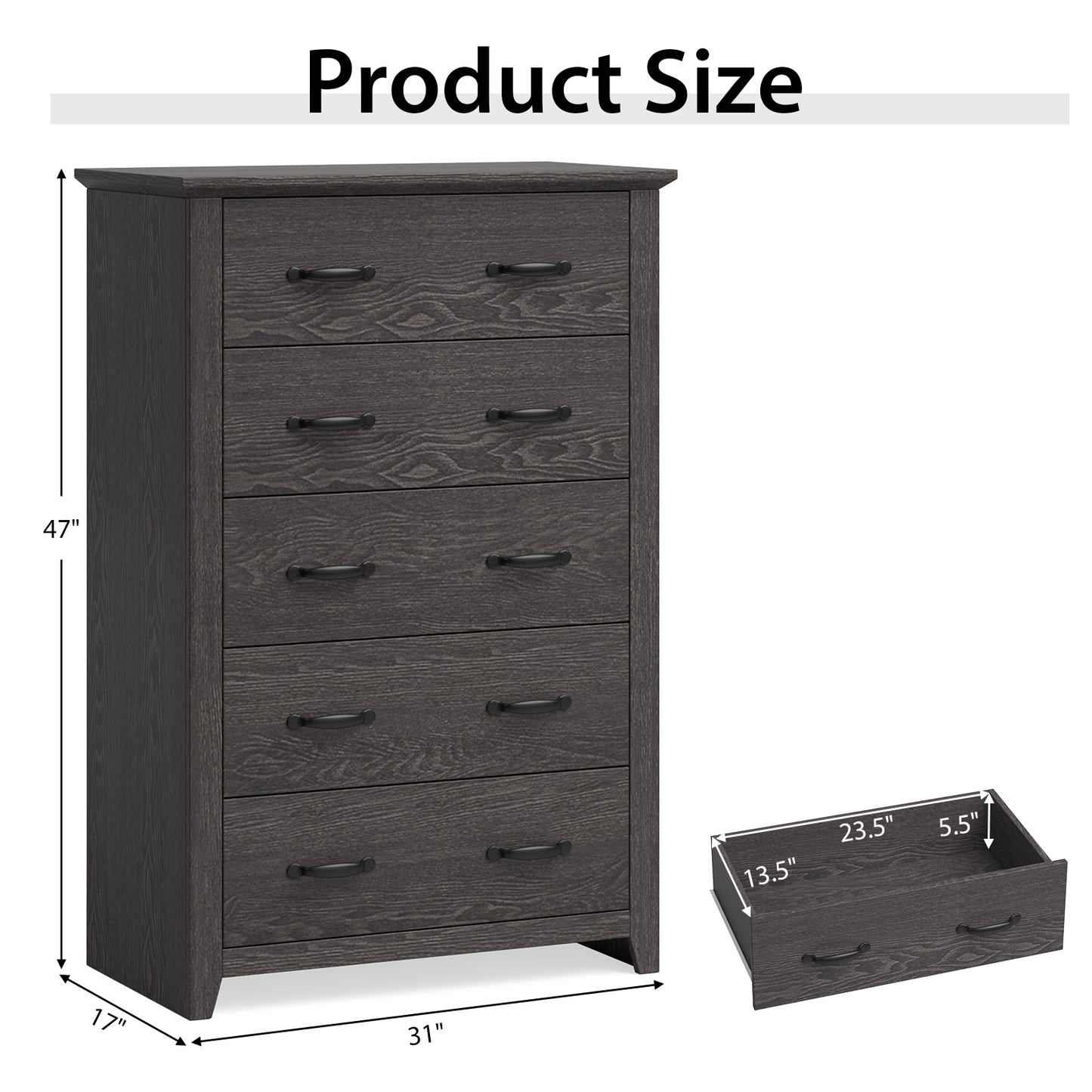 Tall 5-Drawer Dresser with Wood Top, Farmhouse Storage Cabinet for Bedroom or Living Room – Dark Grey