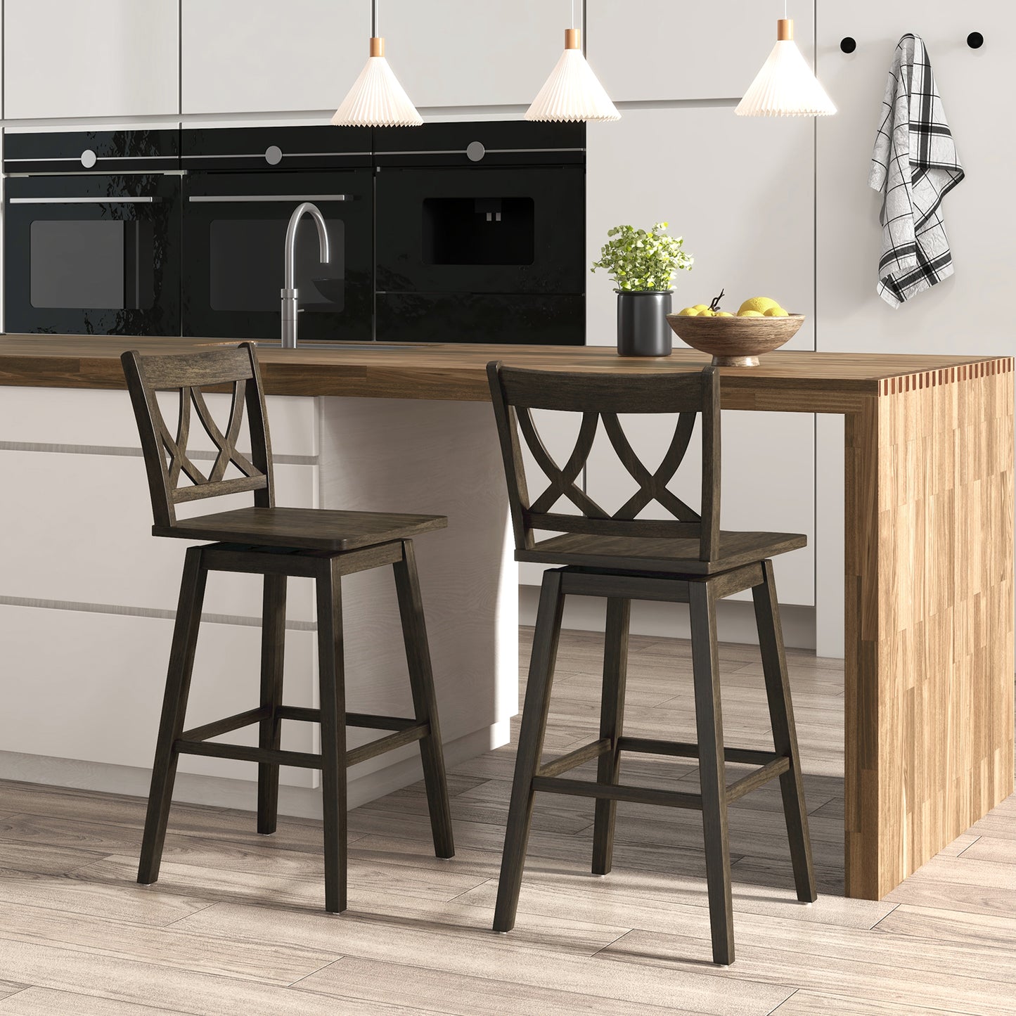 Wooden Bar Stool Set of 2 with Durable Rubber Wood Frame and Swivel Seat - 29 Inch