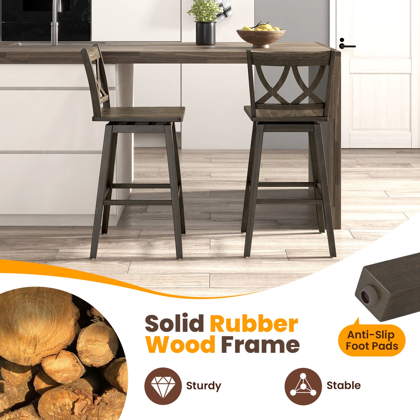 Wooden Bar Stool Set of 2 with Durable Rubber Wood Frame and Swivel Seat - 29 Inch