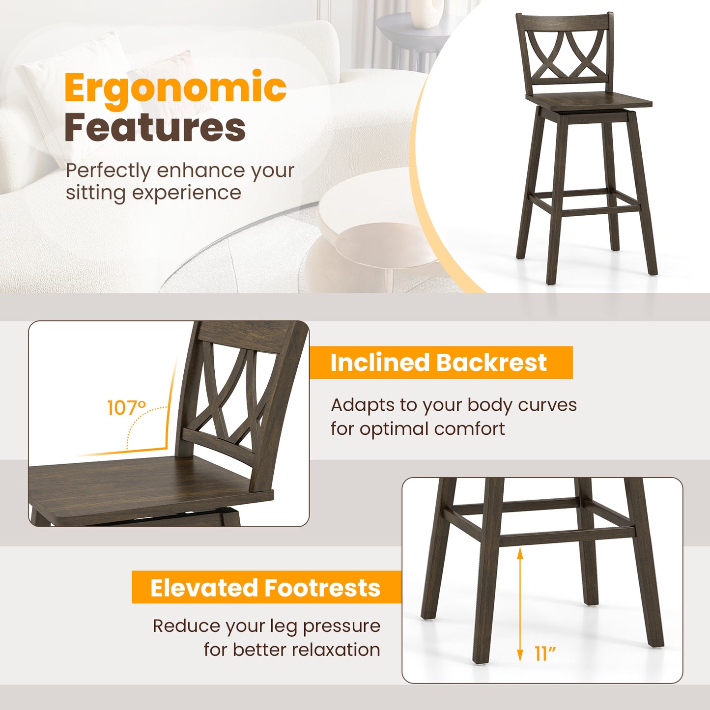 Wooden Bar Stool Set of 2 with Durable Rubber Wood Frame and Swivel Seat - 29 Inch