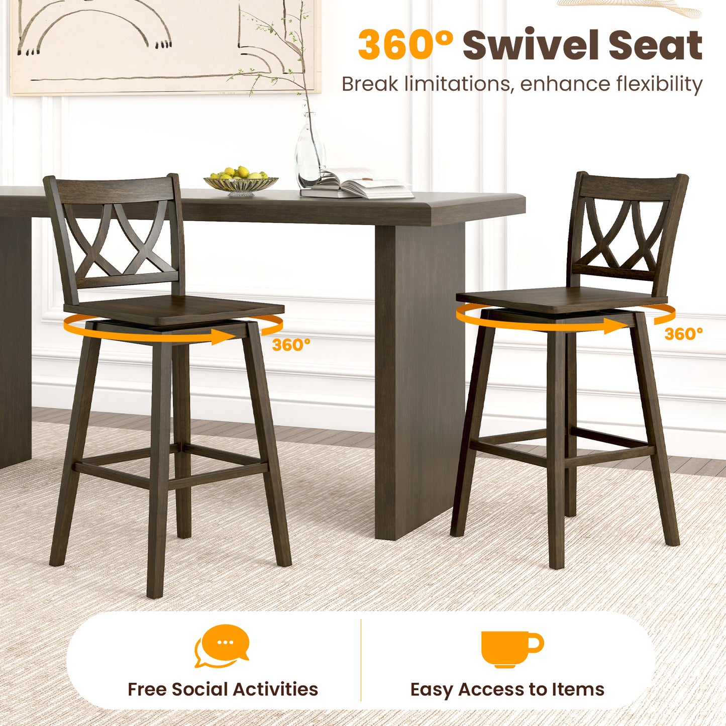 Wooden Bar Stool Set of 2 with Durable Rubber Wood Frame and Swivel Seat - 29 Inch