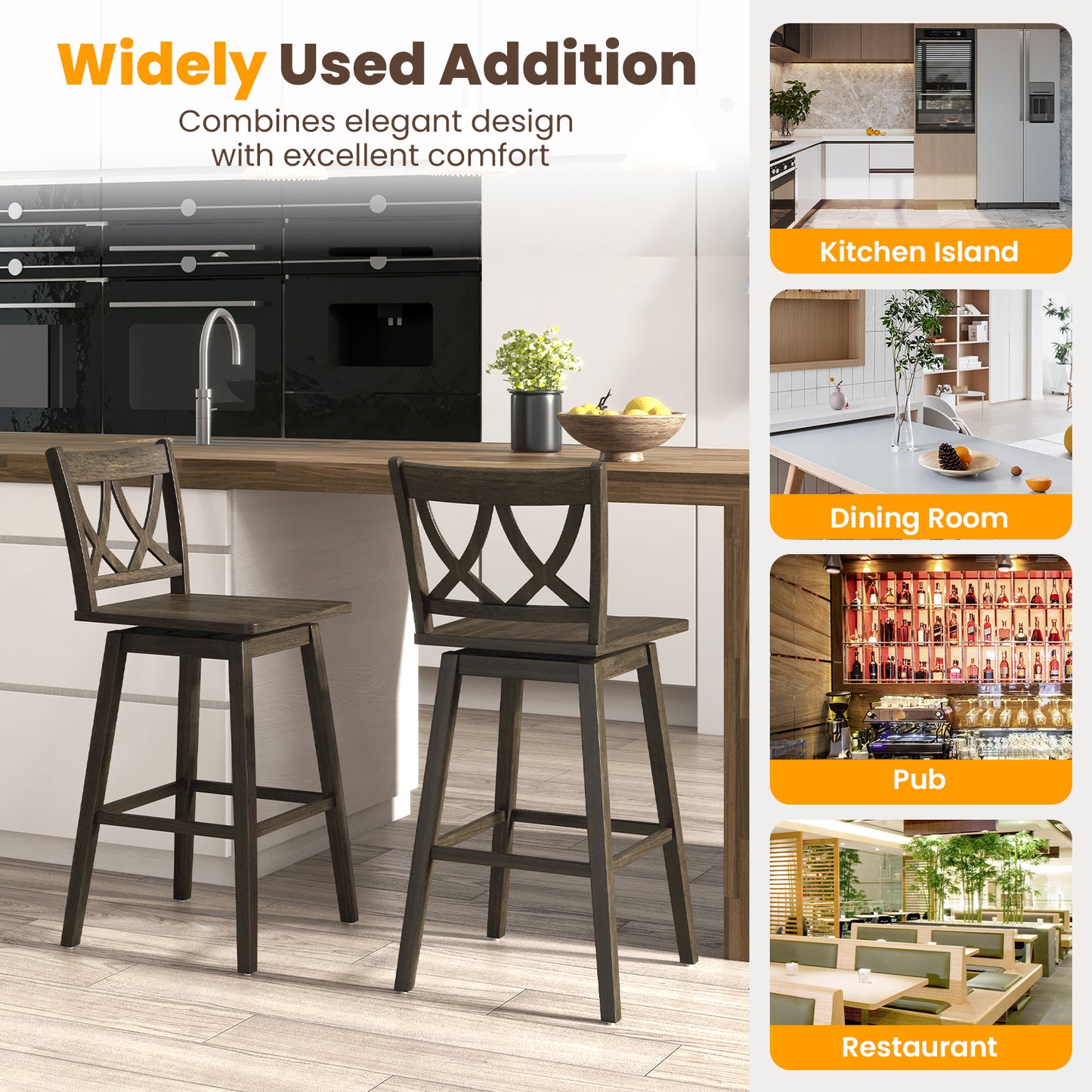 Wooden Bar Stool Set of 2 with Durable Rubber Wood Frame and Swivel Seat - 29 Inch