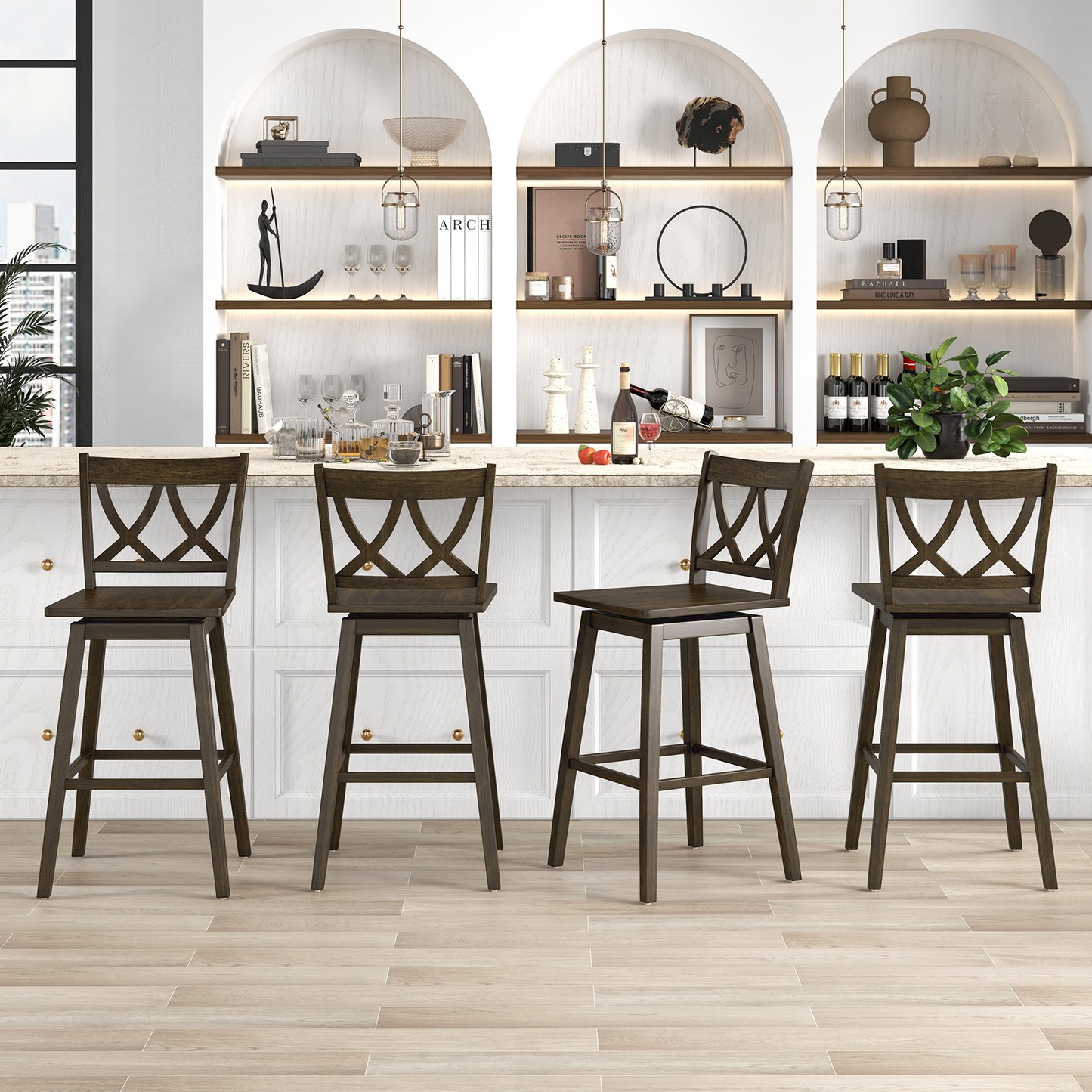 Wooden Bar Stool Set of 2 with Durable Rubber Wood Frame and Swivel Seat - 29 Inch