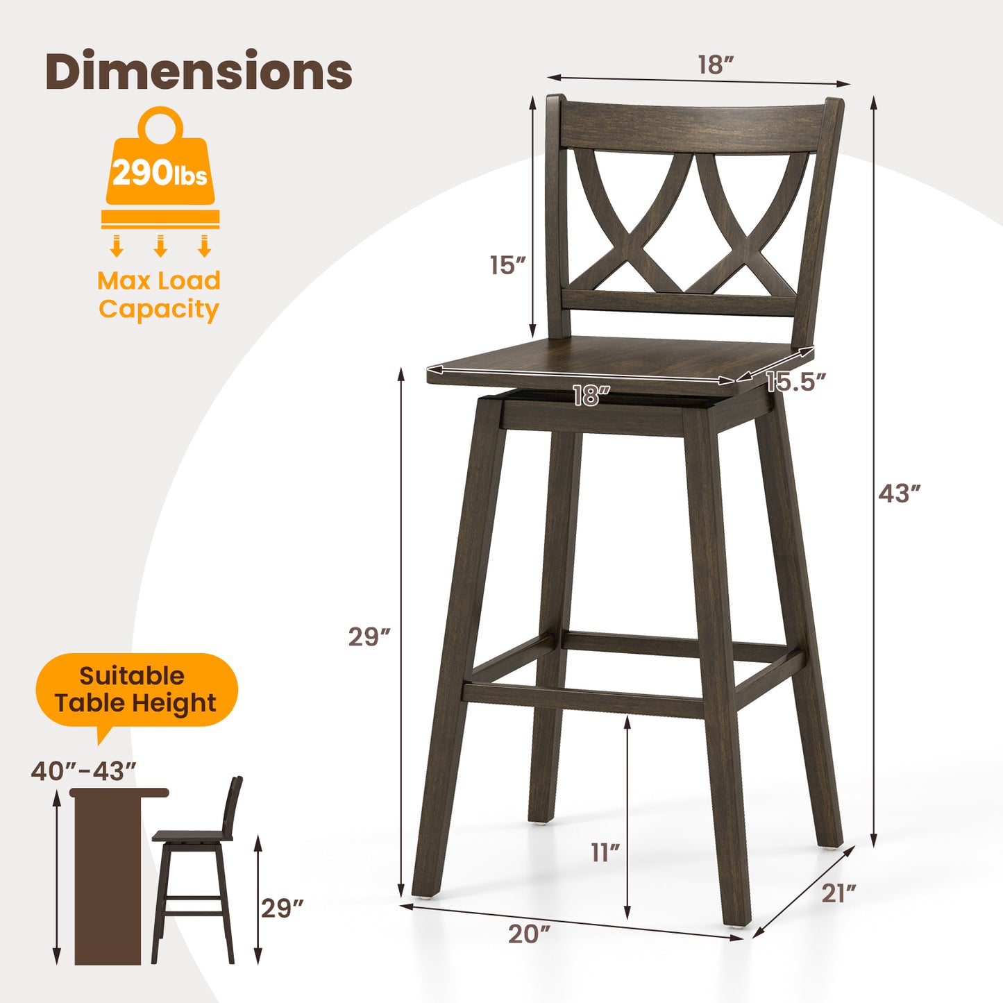Wooden Bar Stool Set of 2 with Durable Rubber Wood Frame and Swivel Seat - 29 Inch