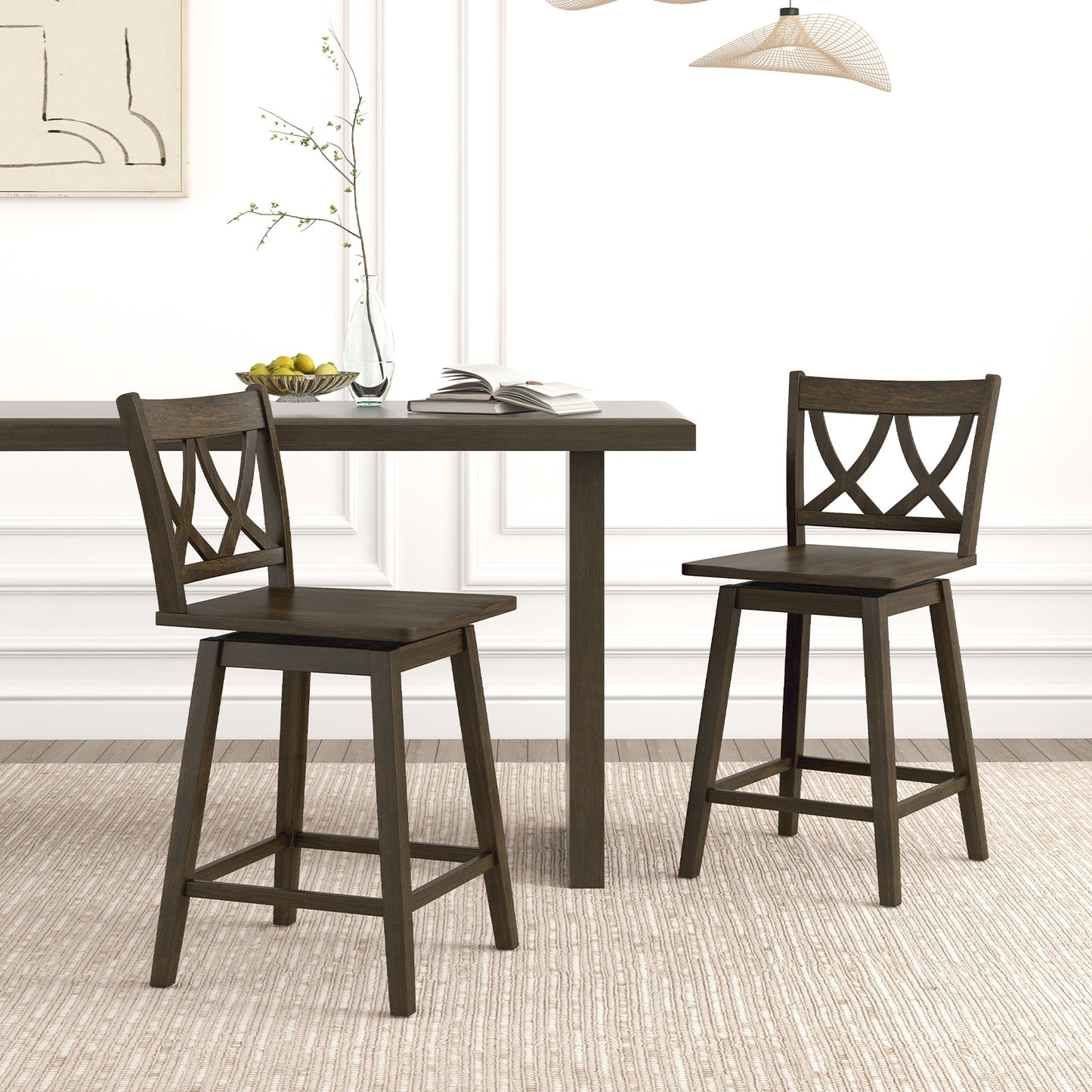 Wooden Bar Stool Set of 2 with Durable Rubber Wood Frame and Swivel Seat - 24 Inch