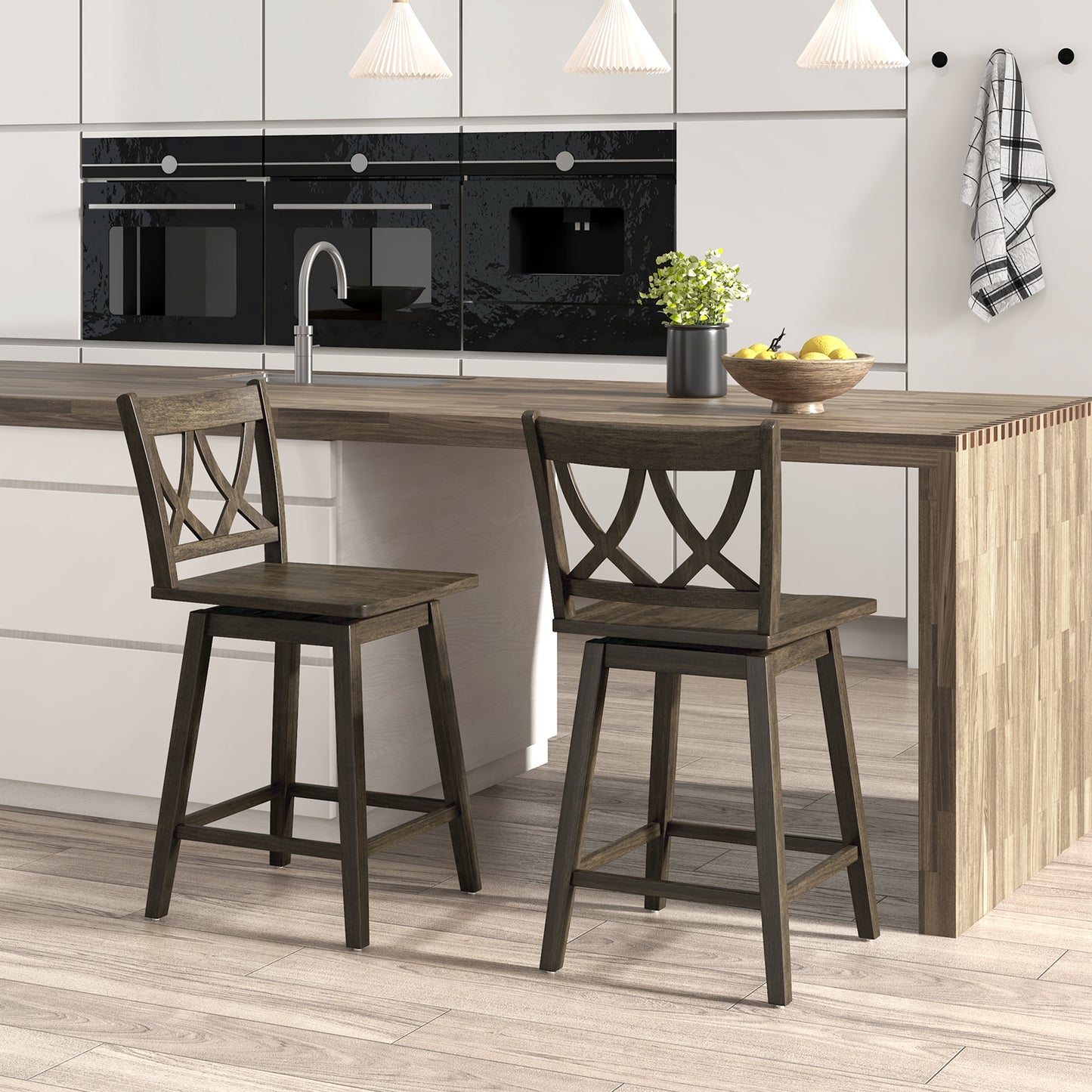 Wooden Bar Stool Set of 2 with Durable Rubber Wood Frame and Swivel Seat - 24 Inch