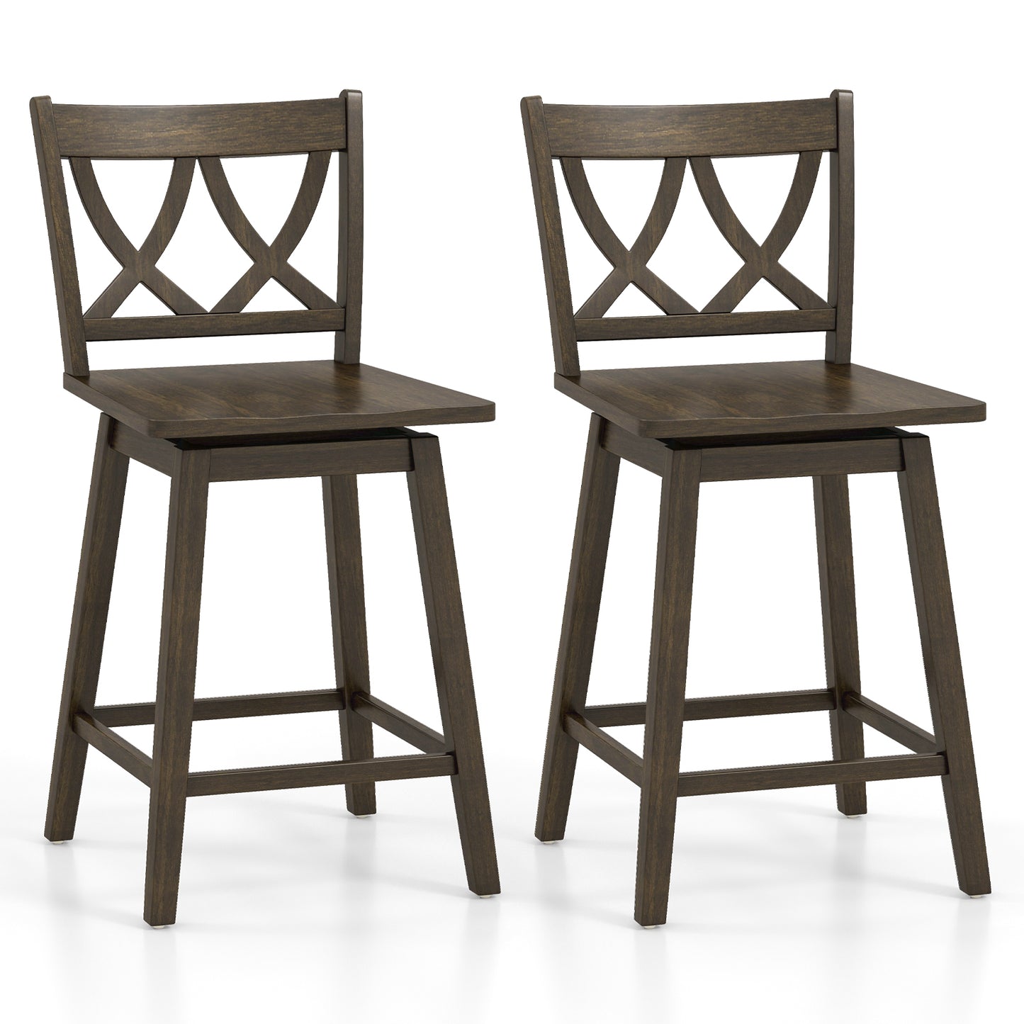 Wooden Bar Stool Set of 2 with Durable Rubber Wood Frame and Swivel Seat - 24 Inch