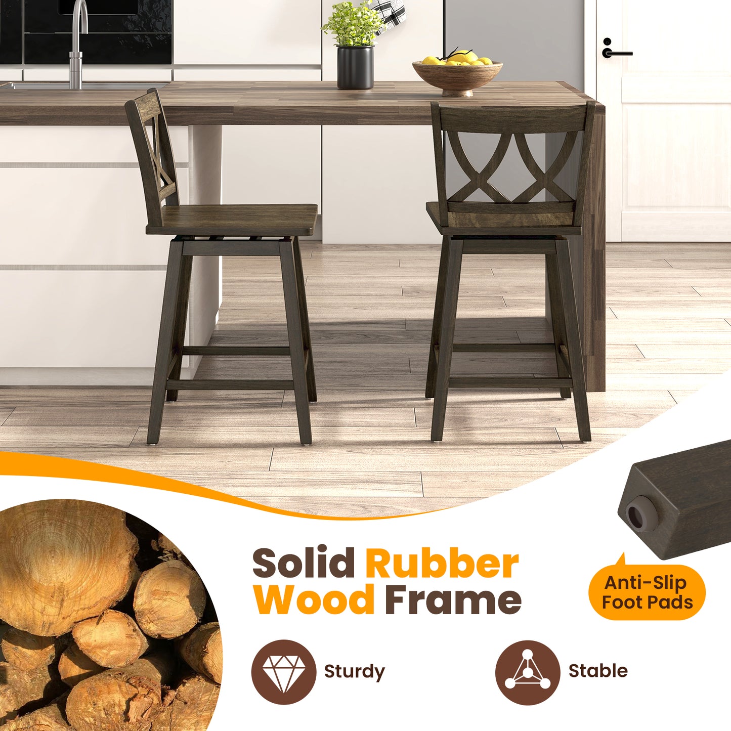 Wooden Bar Stool Set of 2 with Durable Rubber Wood Frame and Swivel Seat - 24 Inch
